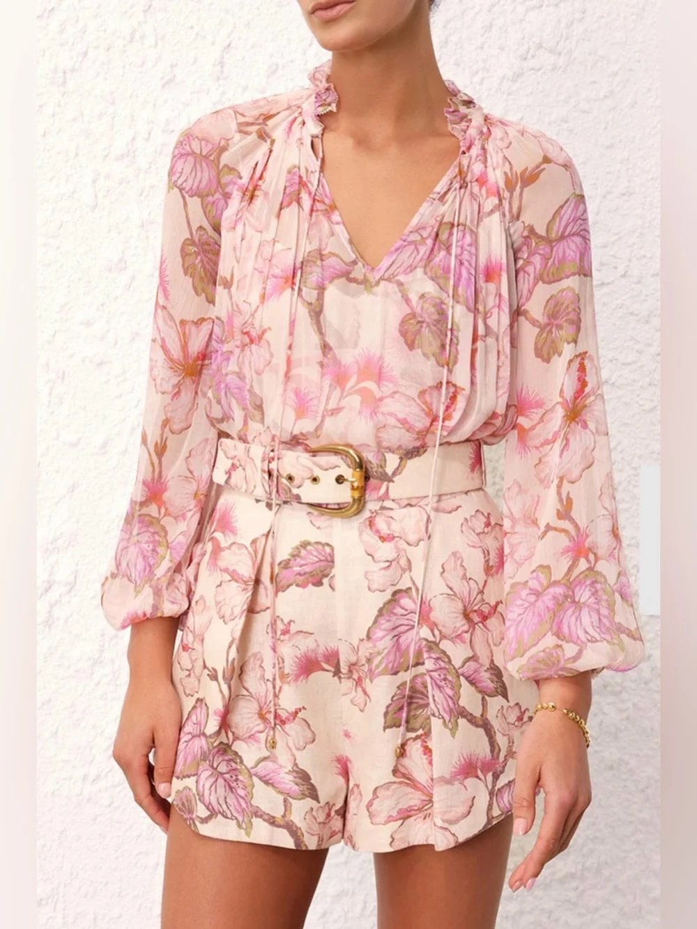 Zimmermann Matchmaker Billow Blouse, Pink Floral Tie Neck, Size 1